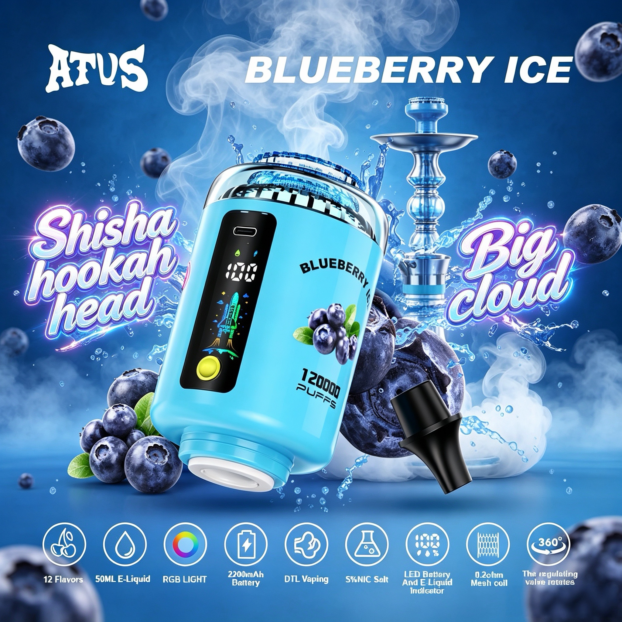 ATVS 120K Puffs Hookah Shisha Vape – Big Smoke DTL Disposable Device 50ml Ultra High Puff Wholesale Vape