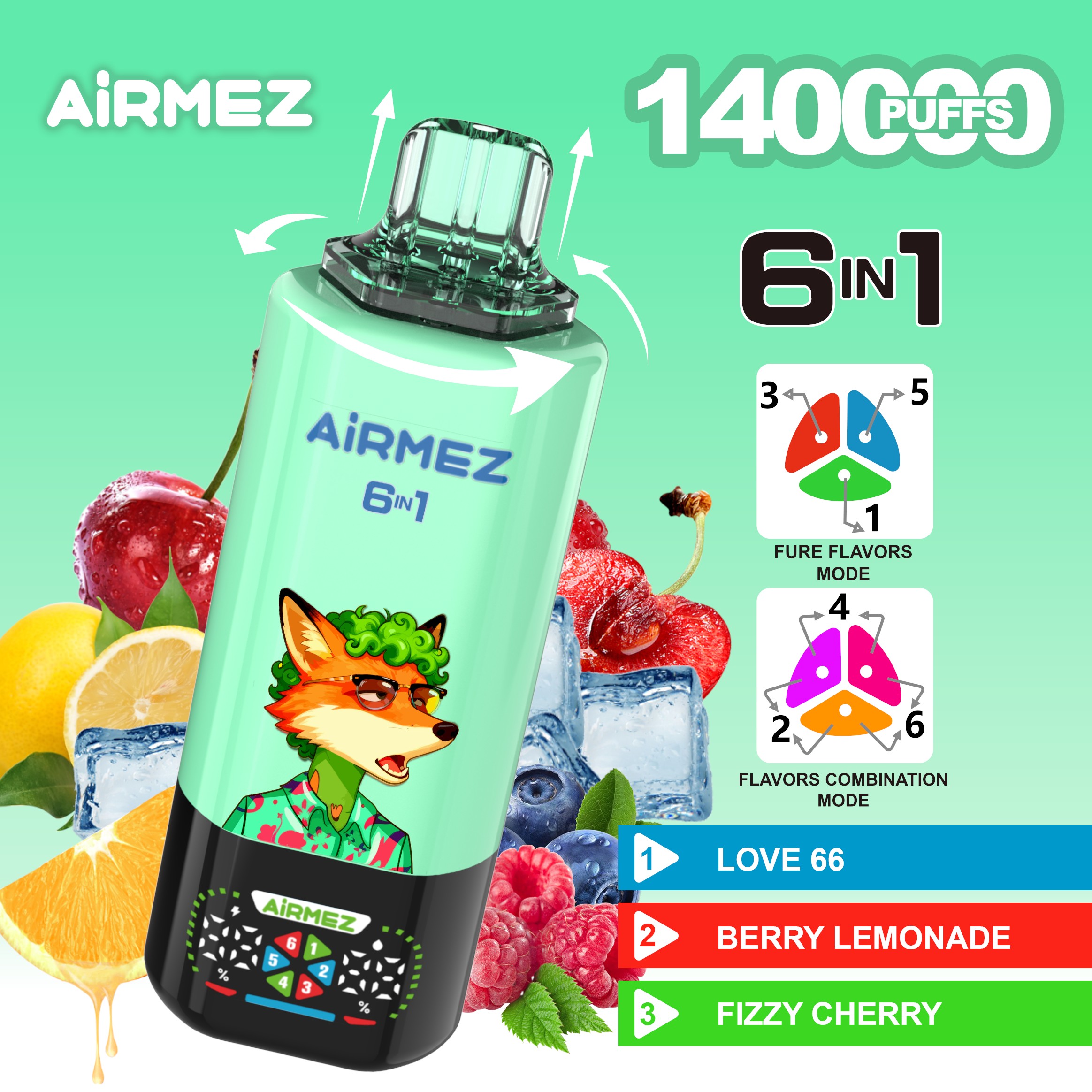 Airmez FOX 6 IN 1 – 140K Puffs, 6 Flavors, 650mAh Rechargeable, EU Stock