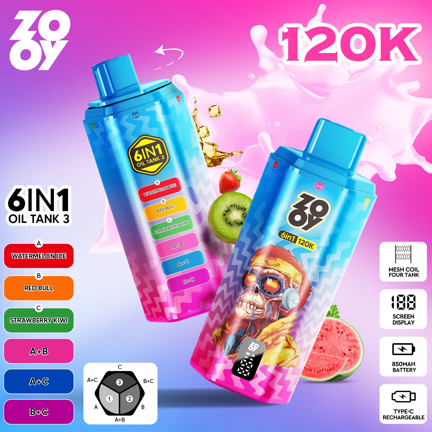 ZOOY VAPE 120K 6IN1 – 120,000 Puffs, 6-in-1 Multi-Flavor, Triple Mesh EU Warehouse