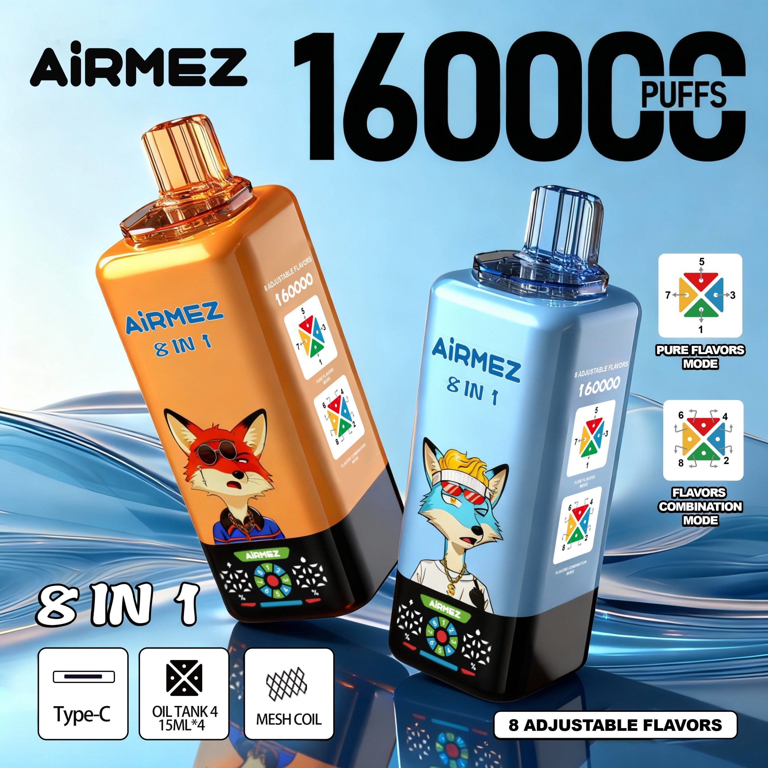 Airmez FOX 160K Puffs Vape 8 IN 1 | Big Puff Disposable Vape with Multi Flavors & Poland Warehouse Fast Shipping