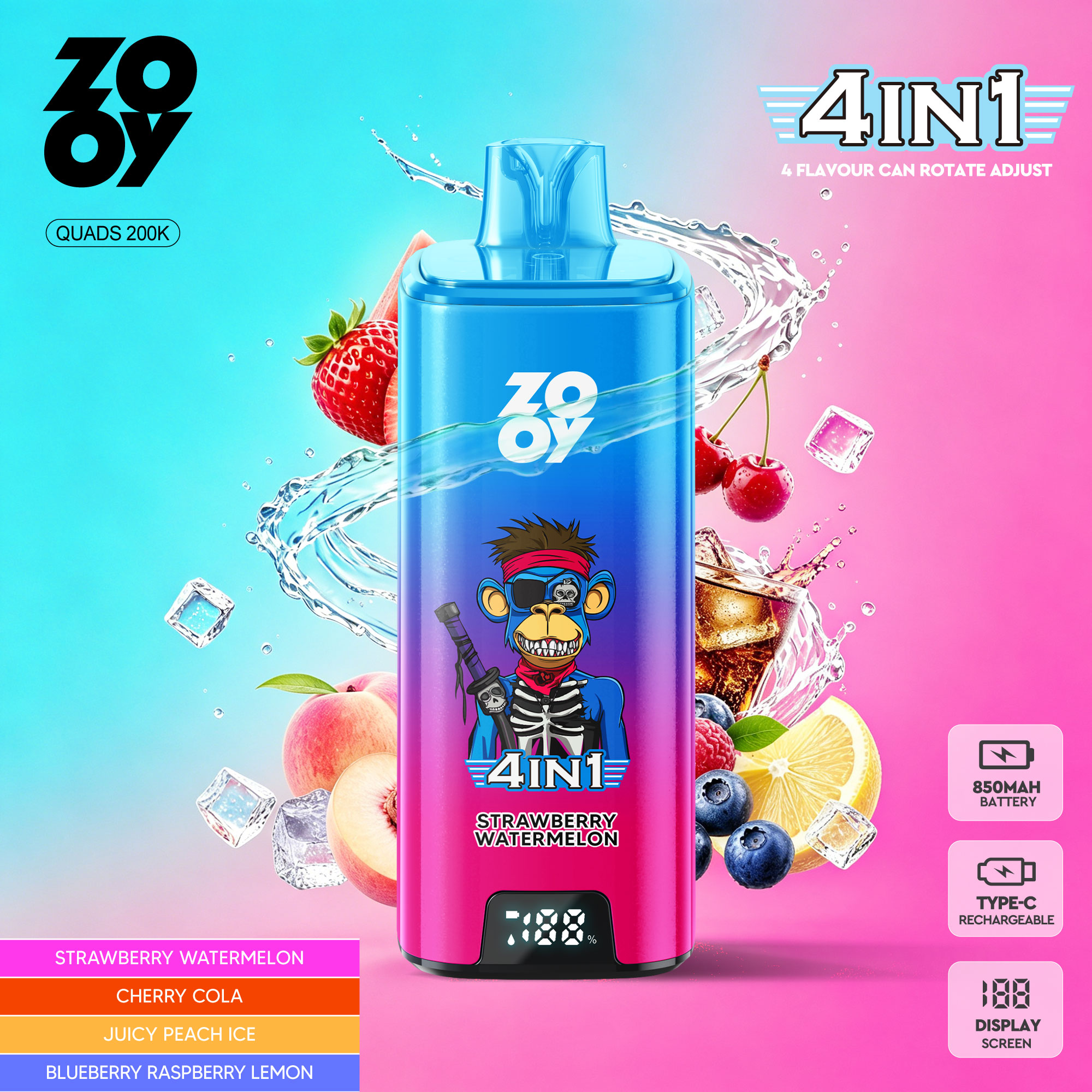 ZOOY 200K Puffs Vape 4 IN 1 | Multi Flavor Disposable Vape with Smart Display, Wholesale Price & Europe Fast Shipping