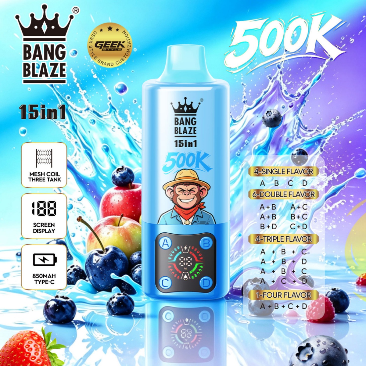 Bang Blaze 500K Puffs Vape 15 IN 1 Big Puffs Disposable Vape – Hot Selling Multi Flavor Switch Vape with Smart LED Screen Wholesale Price