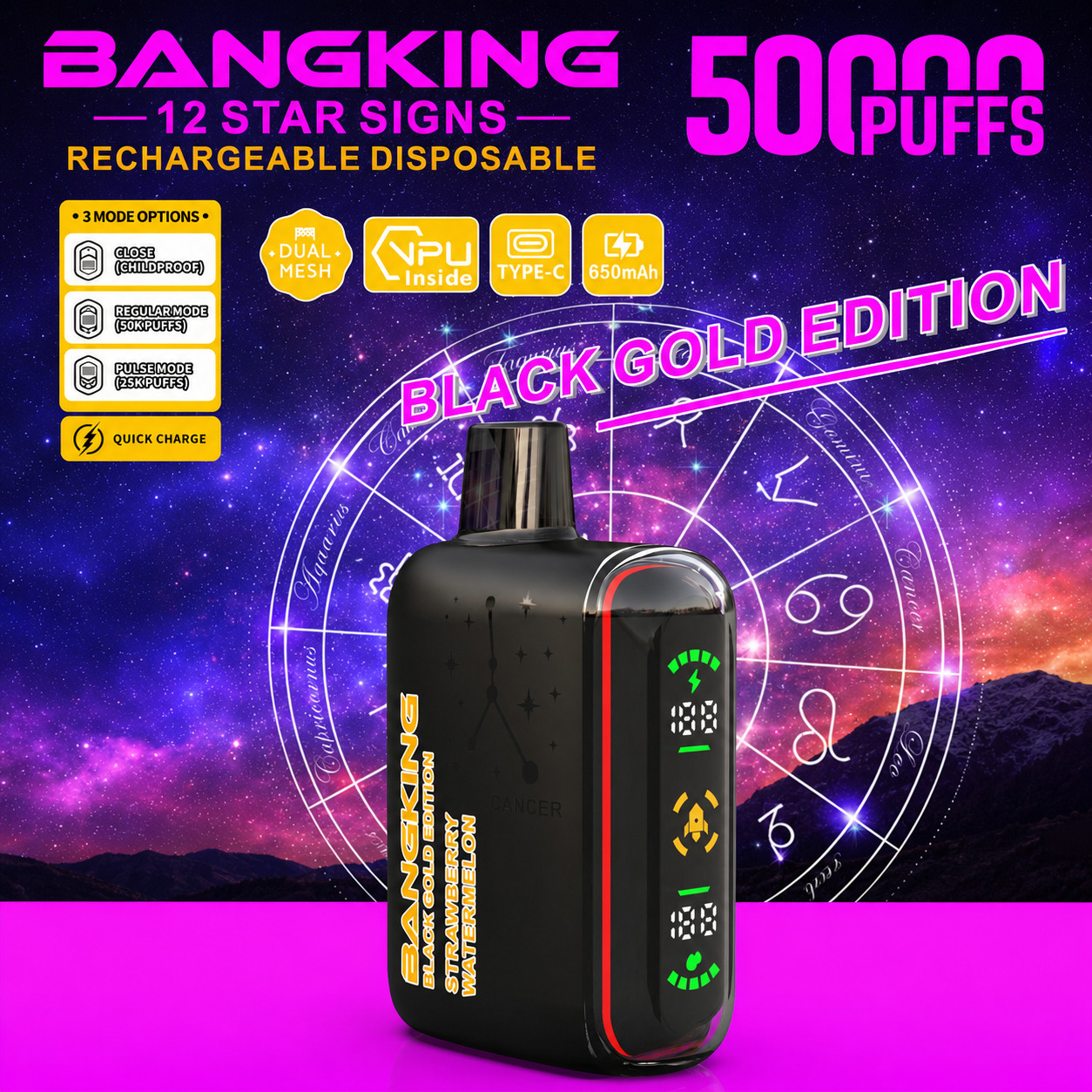 BANGKING 12 Star Signs 50000 Puffs Vape Wholesale | Factory Direct Disposable Vape with Dual Mesh & Smart LED Display